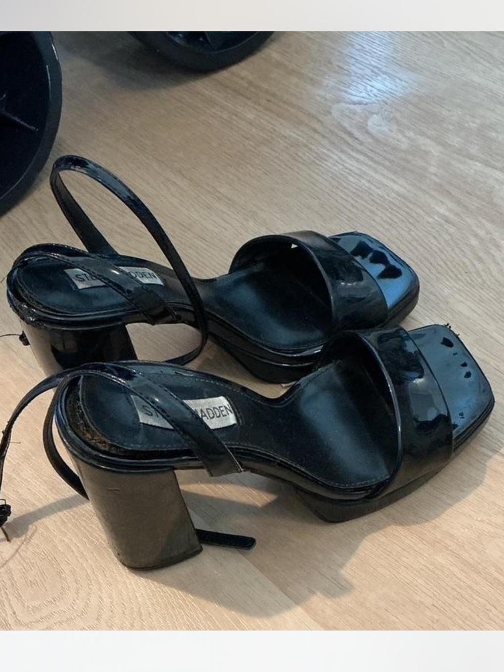 Women worn size 7.5 Steve Madden Black Patent Block Heel Sandals Ankle Strap